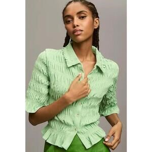 Anthropologie Maeve top XL green smocked stretch colorful spring summer festival